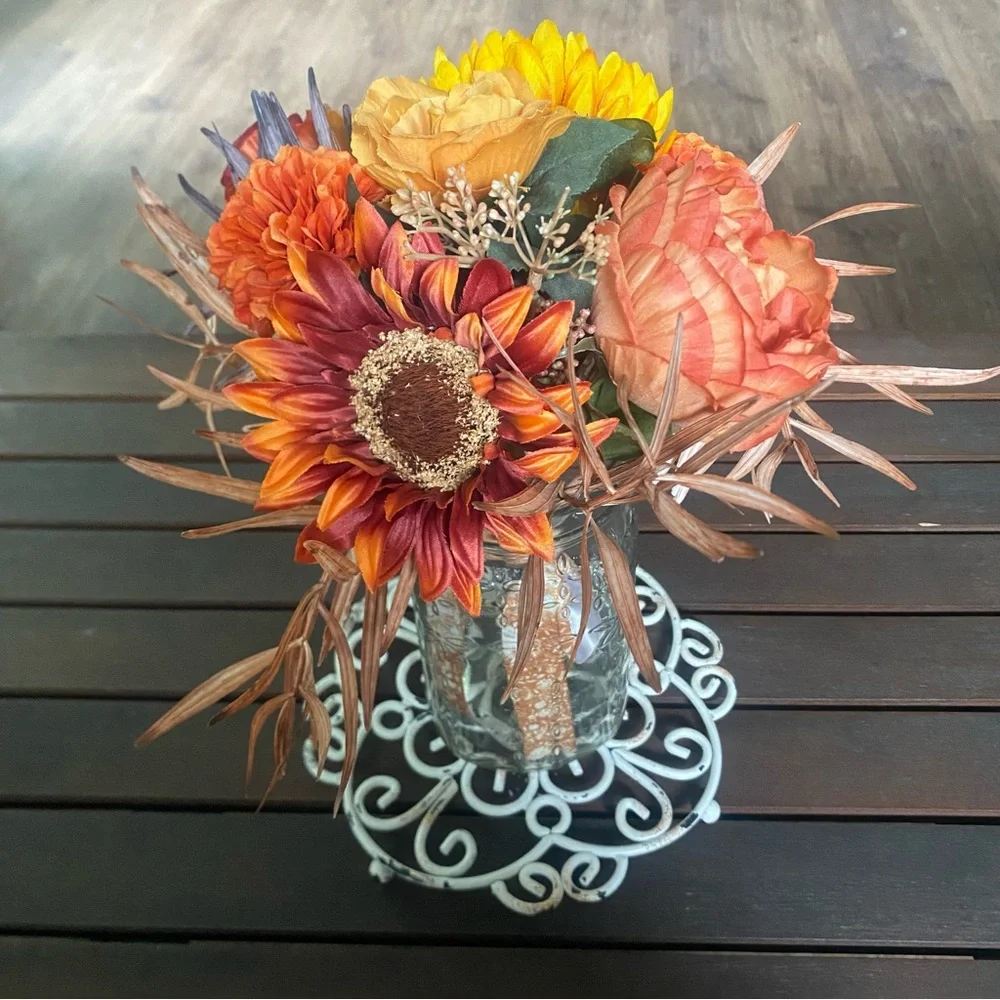 Hand-Tied Permanent Floral Bouquet Decor | Sunflower, Marigolds, Roses, and Mums